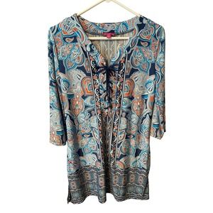 Sandiva Womens Paisley Tunic Top Blue Orange Lace Up V-Neck 3/4 Sleeve Small